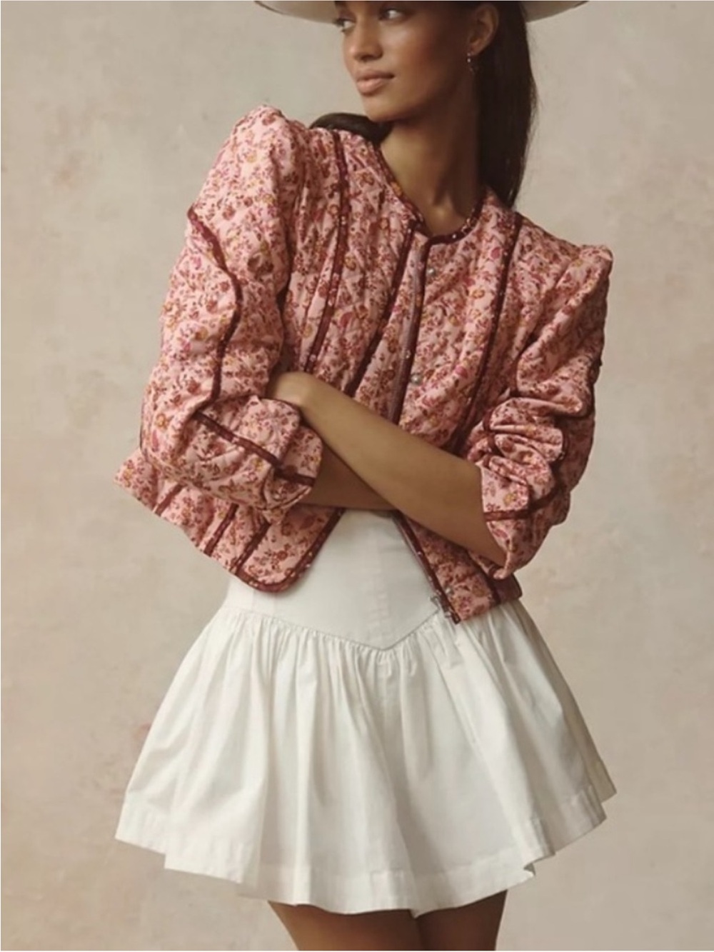 Avec Les Filles Pink Floral Quilted Bomber Jacket with Burgundy Trim